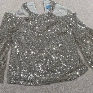 CeCe Sequined Top open Shoulder with puff Sleeves